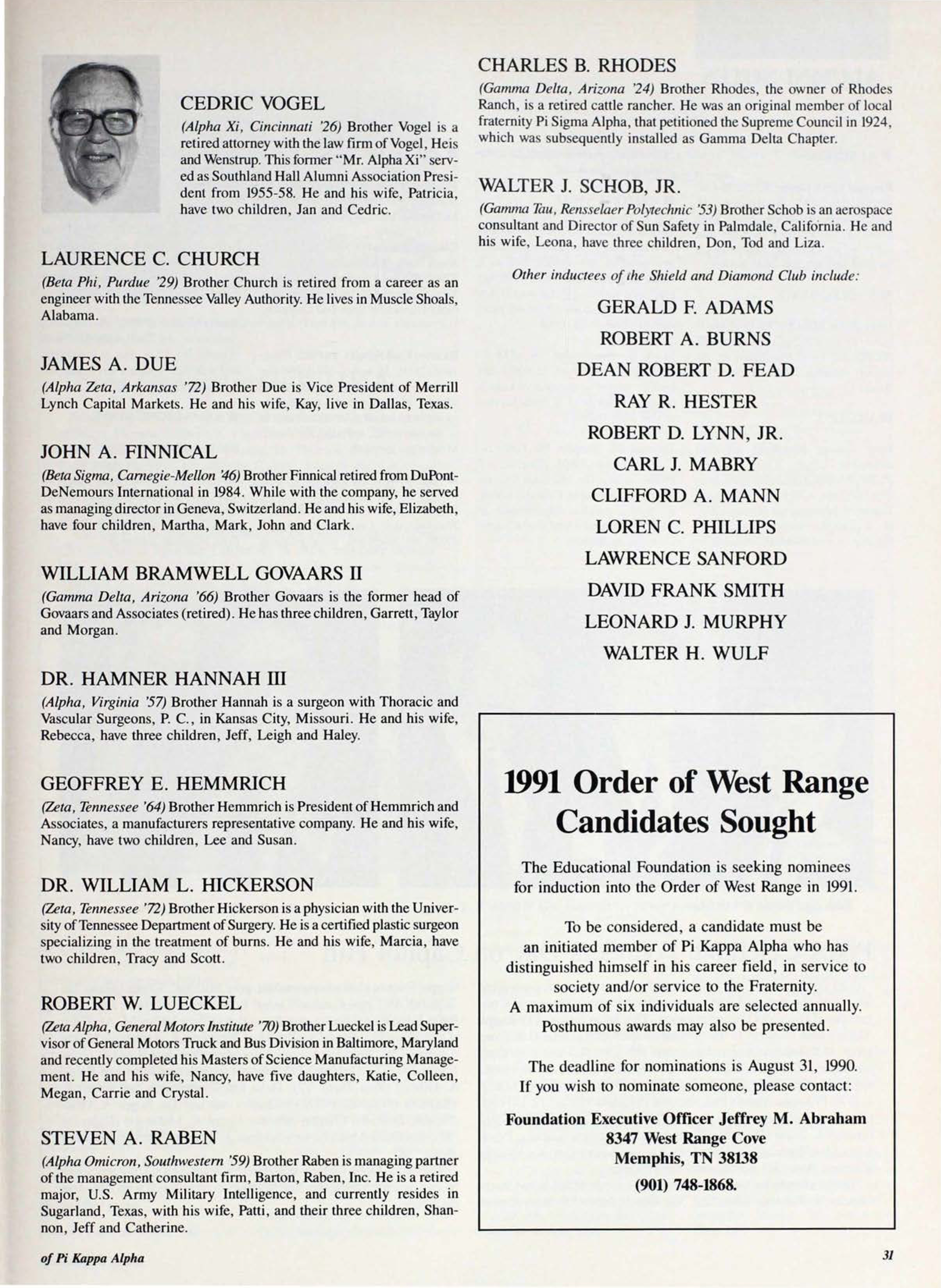 1991 Order Of West Range Candidates Sought